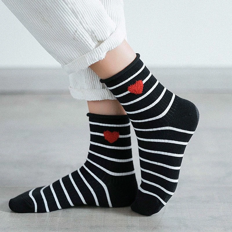 Striped Love Heart Cotton Women Socks - Soft & Cozy Socks