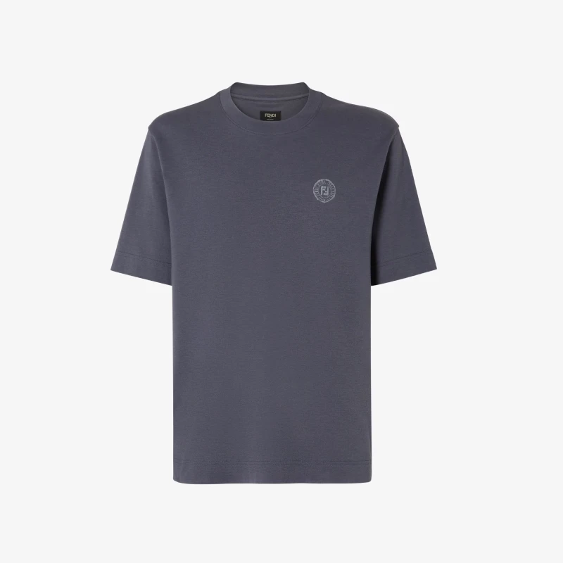 Fendi Blue Cotton T-Shirt for Men - Slim-Fit Crew Neck with FF Postcards Logo