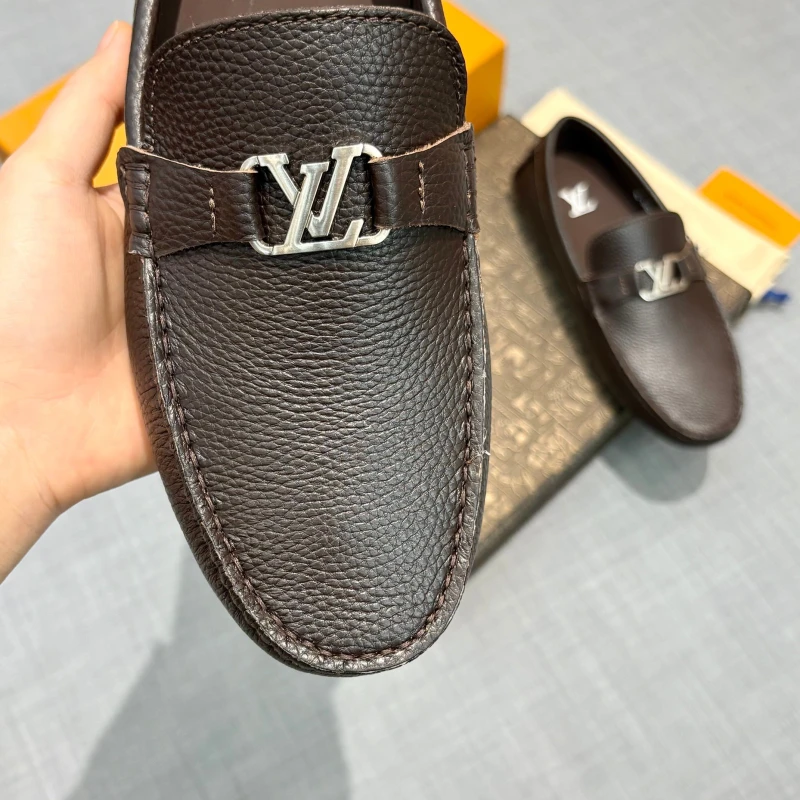 Textured Dark Brown Louis Vuitton Men's Grained Leather LV Initial Buckle Loafers