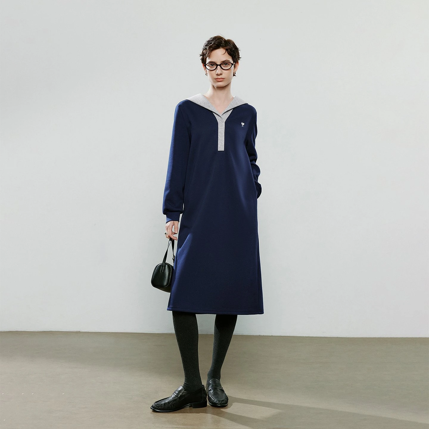 Women’s Winter Asymmetric Loose Contrast Color Hoodie Dress with Embroidery