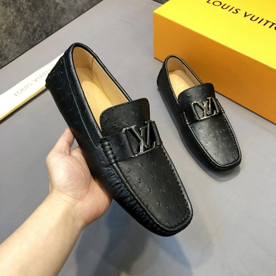 Ostrich-Embossed Black Louis Vuitton Men's Leather LV Initial Buckle Loafers