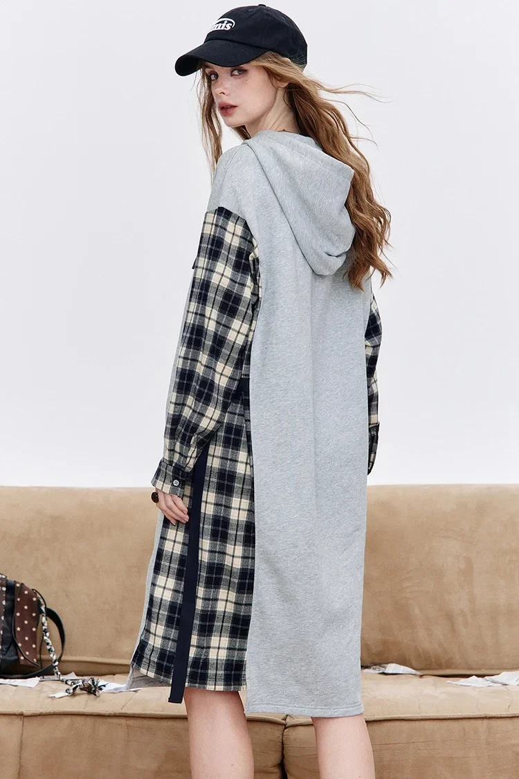 Hooded Plaid Patch Sweater Dress with Cartoon Print – Mid-Calf Winter Style