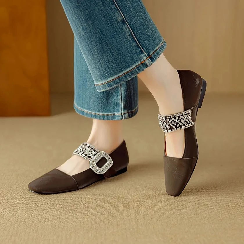 Square Toe Mary Jane Pumps with Low Heel & Rhinestone Buckle
