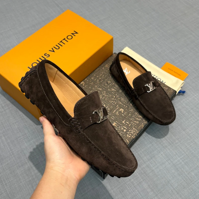 Dark Brown Suede Louis Vuitton Men's LV Initial Buckle Loafers