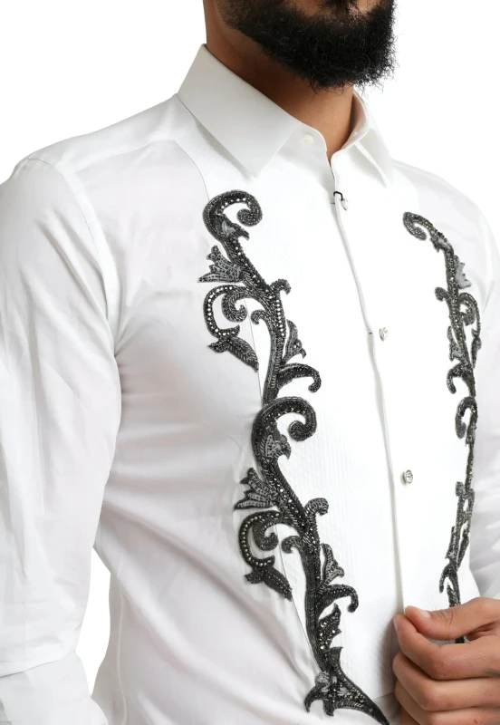 Dolce & Gabbana GOLD Slim Fit White Tuxedo Smoking Cotton Shirt