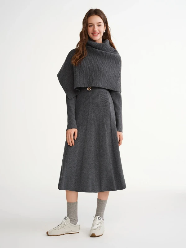 Plus Size Winter Knitted Cape Dress Set Elegant Two-Piece Mid-Calf Outfit