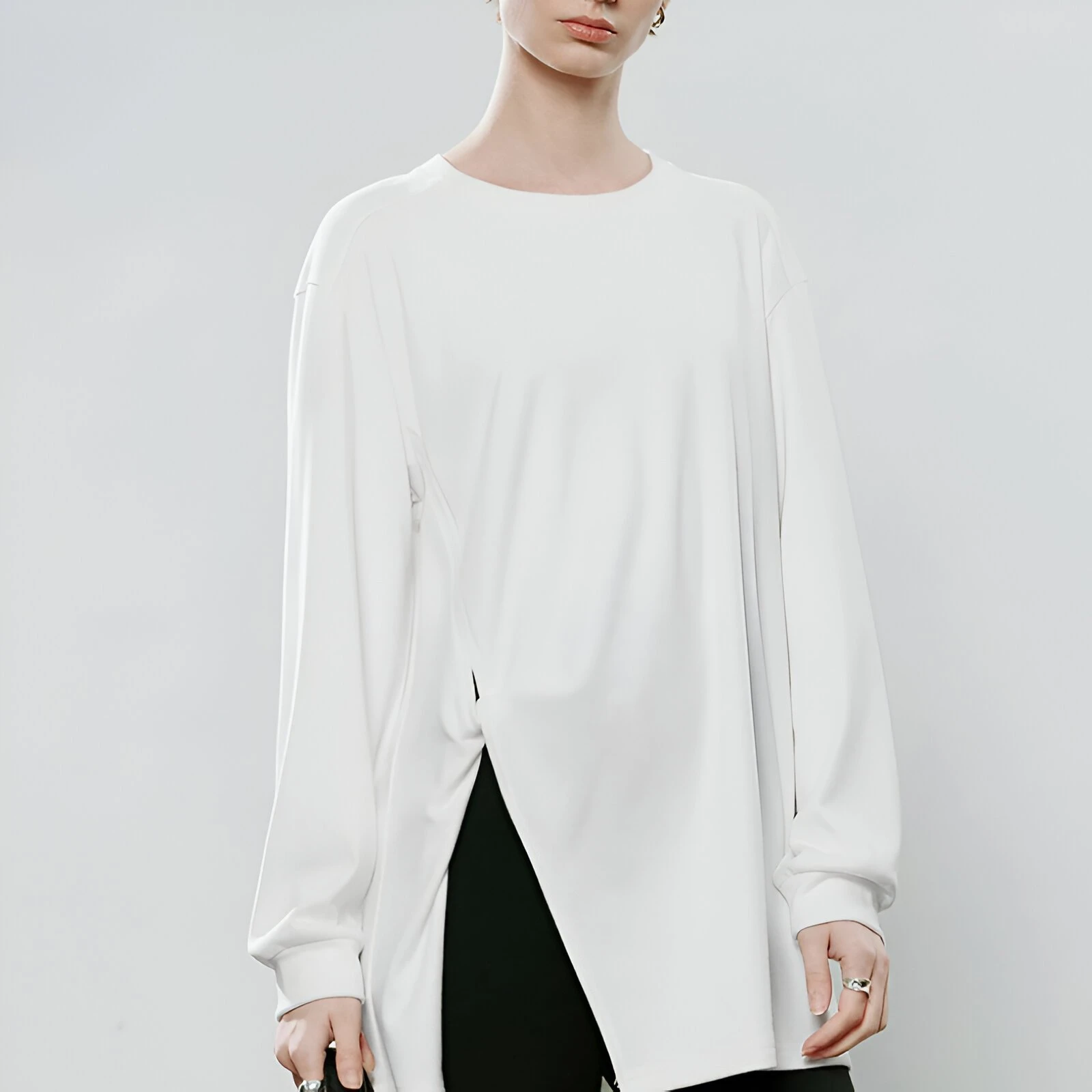 Winter Asymmetric Twist High-Slit Fleece Women’s T-Shirt - Stylish & Warm