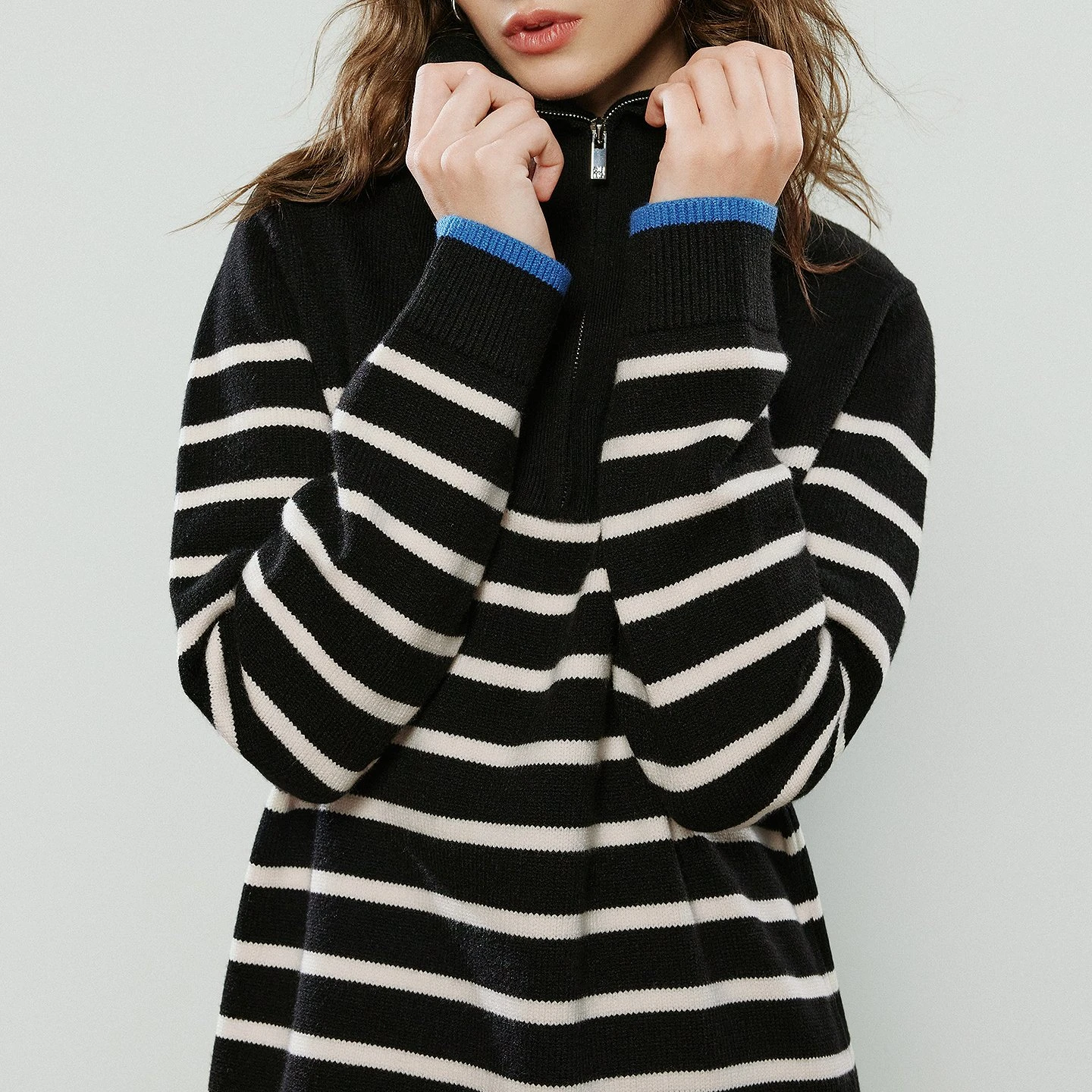 Winter Striped Knitted Zipper Lapel Loose Slimming Dress for Women