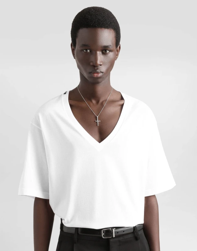 Dolce&Gabbana V-Neck Cotton T-Shirt – Elegant Monochrome Style