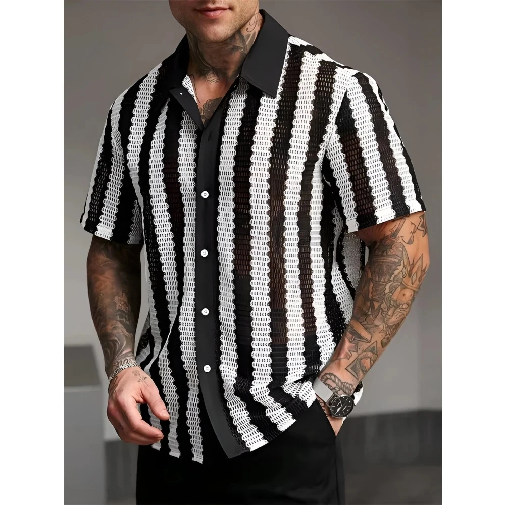 Men's Sexy Mesh Striped Short Sleeve Shirt – Casual Lapel Button Down