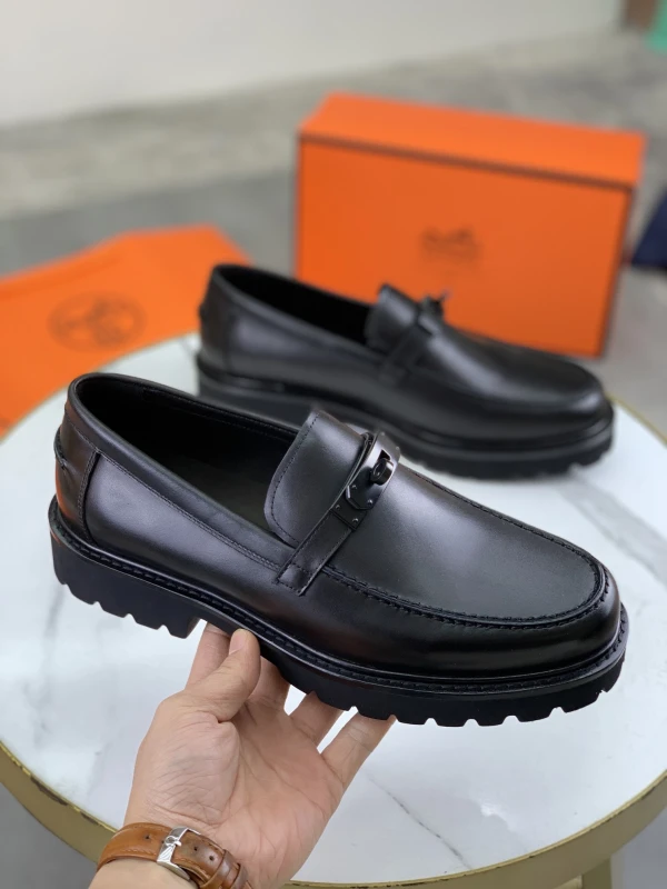 All-Black Hermès Men's Smooth Leather Lug-Sole Matte Lock Buckle Loafers