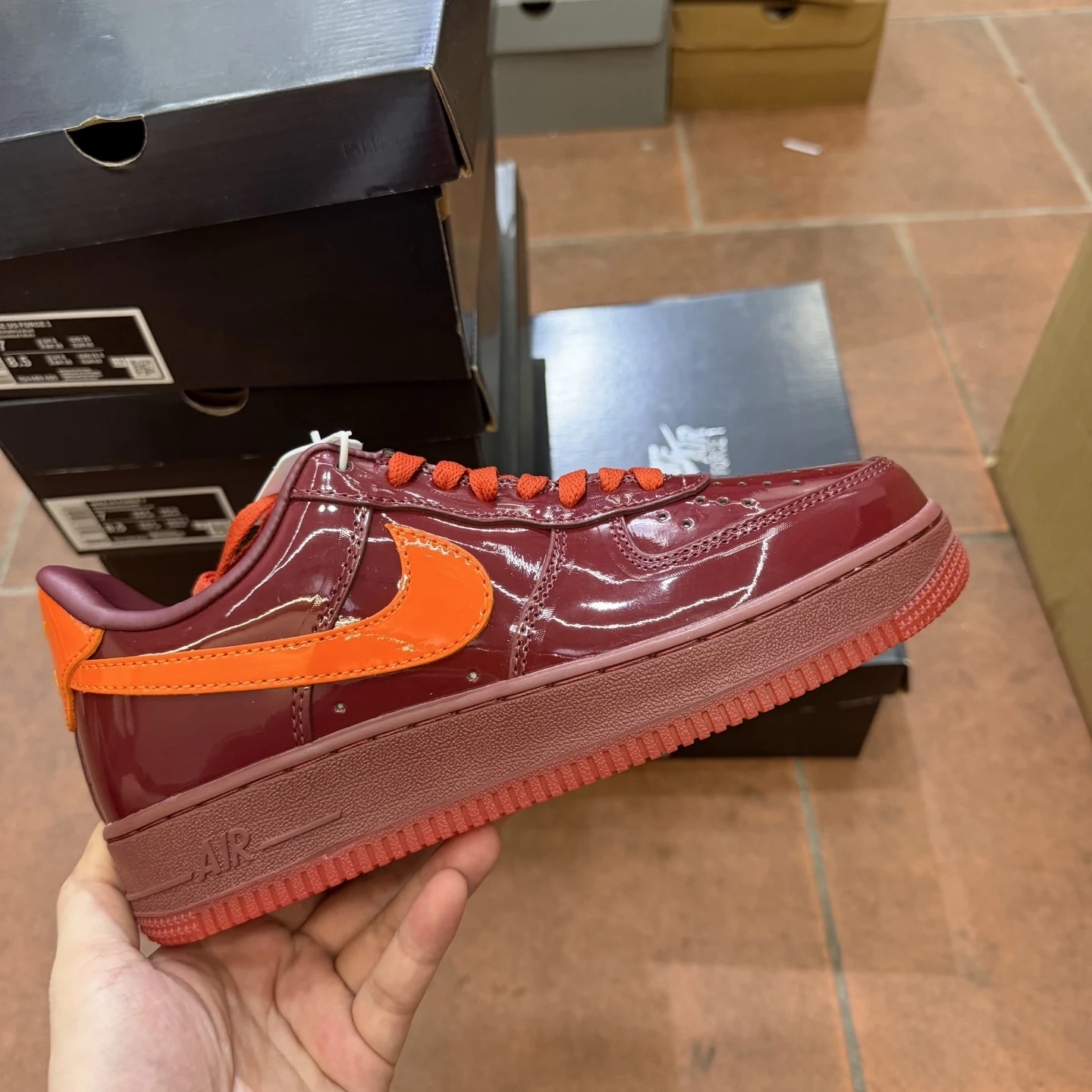 Nike Air Force 1 Low Premium Sneakers – Glossy Burgundy/Orange