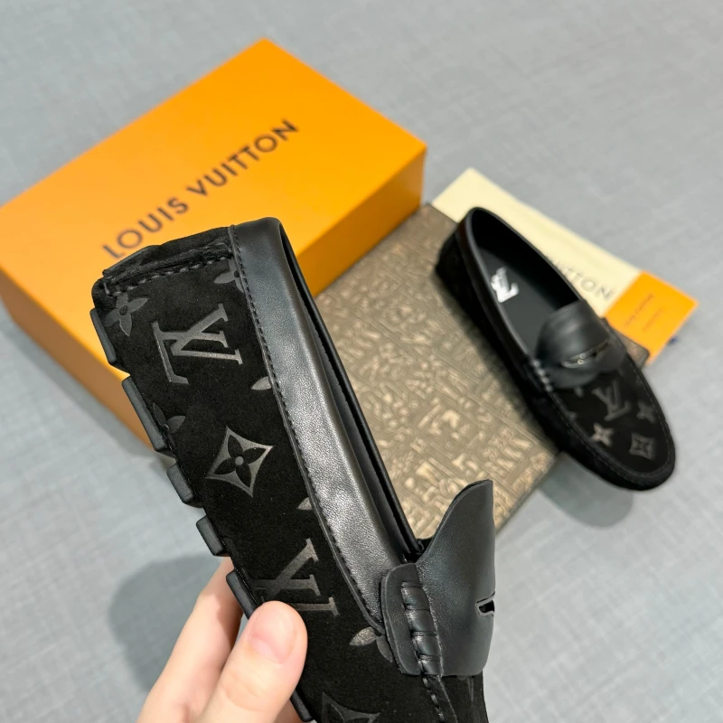 Monogram Debossed Black Louis Vuitton Men's Suede Leather Strap Loafers