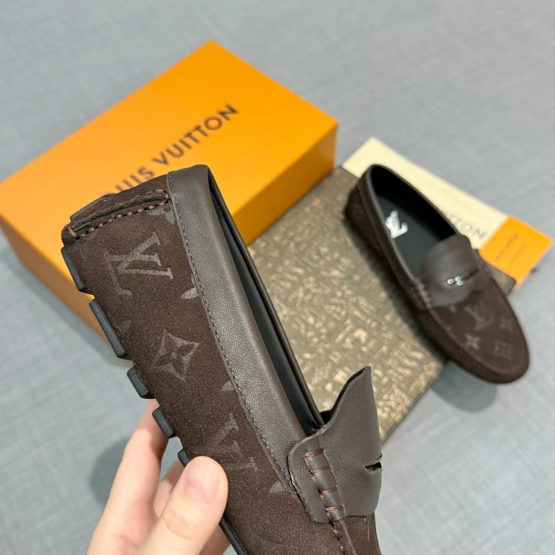 Monogram Debossed Espresso Dark Brown Louis Vuitton Men's Suede Leather Strap Loafers