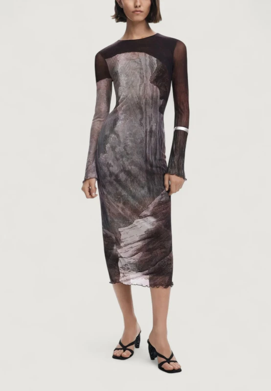 Desigual Brown Print Long Sleeve Dress for Women - Winter Collection