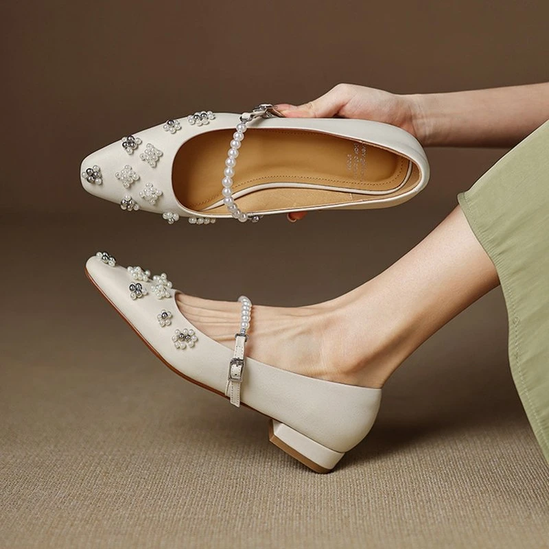 Pearl Mary Jane Pumps – Square Toe Low Heel Leather Shoes