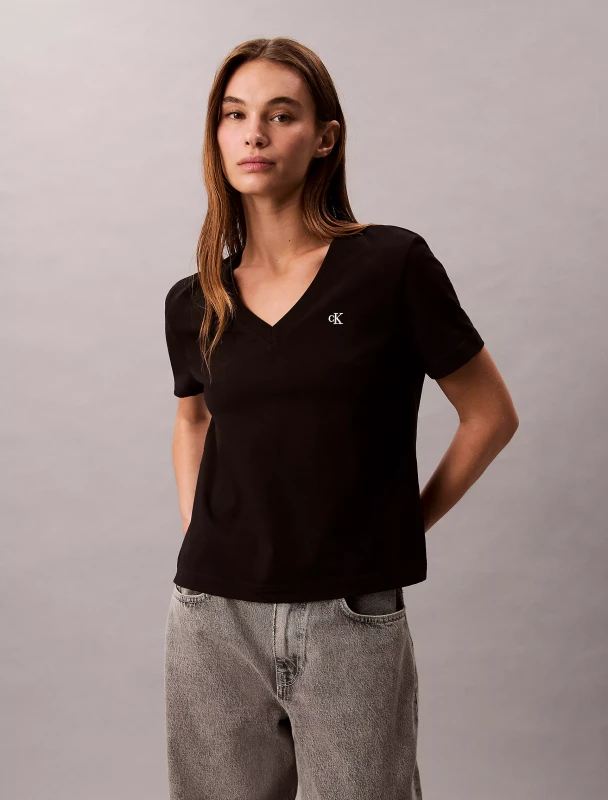 Calvin Klein Jeans Women's Black V-Neck Cotton T-Shirt