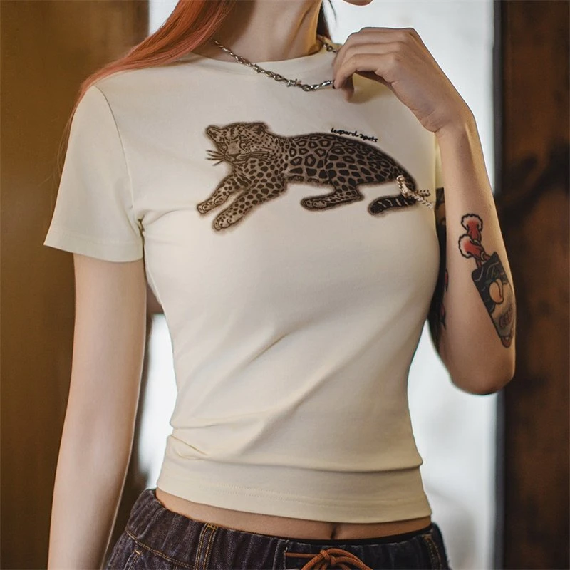 Women's Slim Fit Animal Print Summer T-Shirt – Beige Casual Streetwear Tee