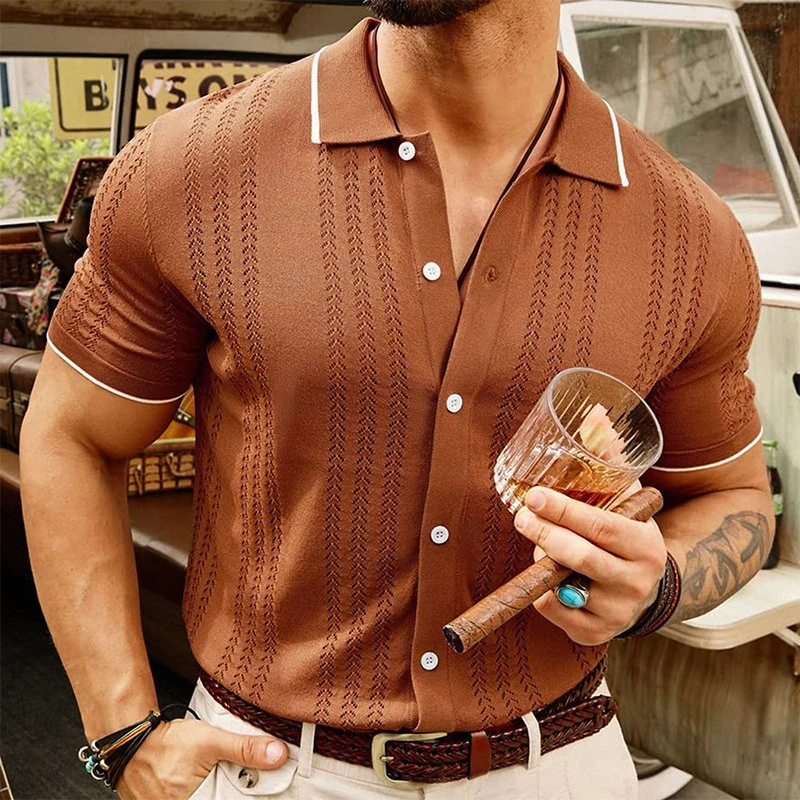 Men’s Retro Knit Polo – Short Sleeve Button-Up Shirt for Casual Summer Style