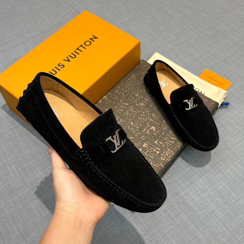 Classic Jet Black Suede Louis Vuitton Men's LV Initial Buckle Loafers