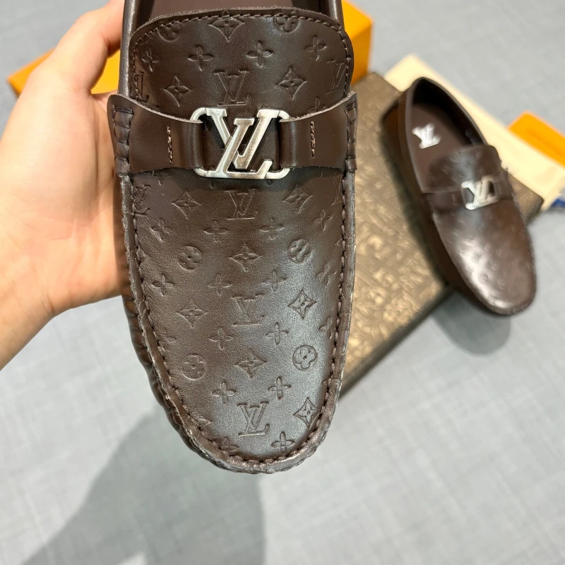 Monogram Embossed Dark Brown Louis Vuitton Men's Leather LV Initial Buckle Loafers