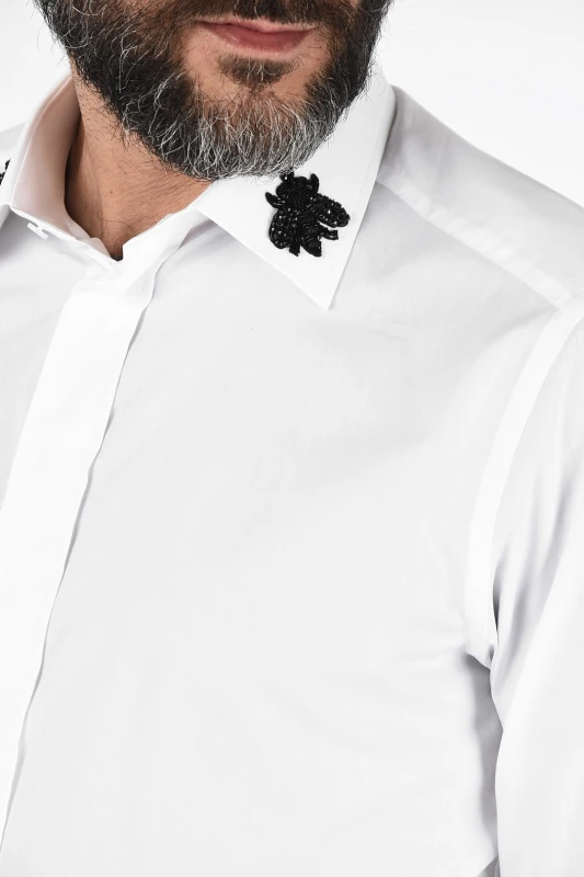 Dolce & Gabbana White Cotton Long Sleeve Shirt with Button Embroidery