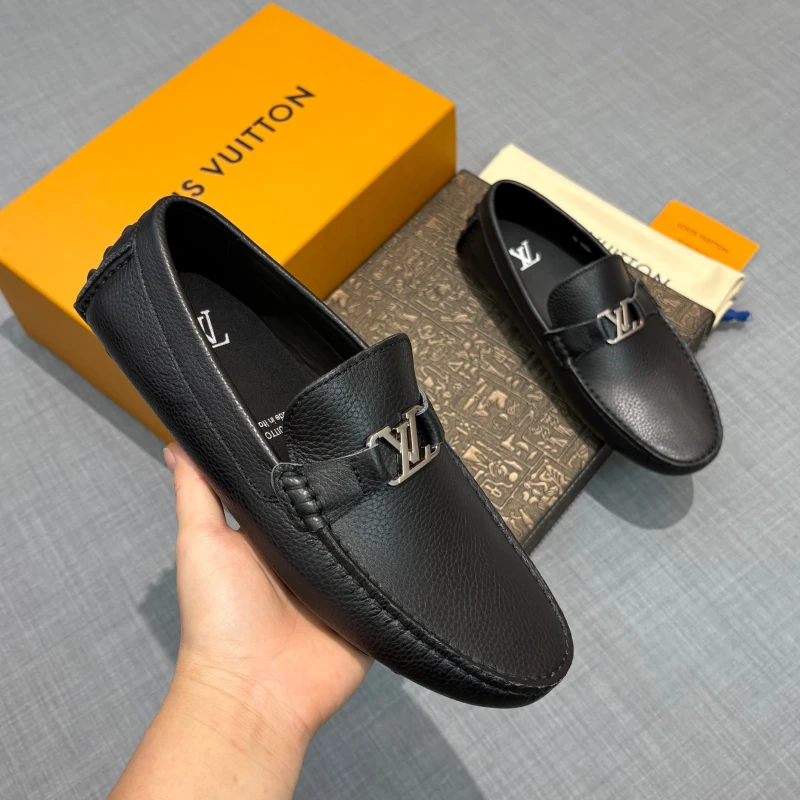 Textured Matte Black Louis Vuitton Men's Grained Leather LV Initial Buckle Loafers