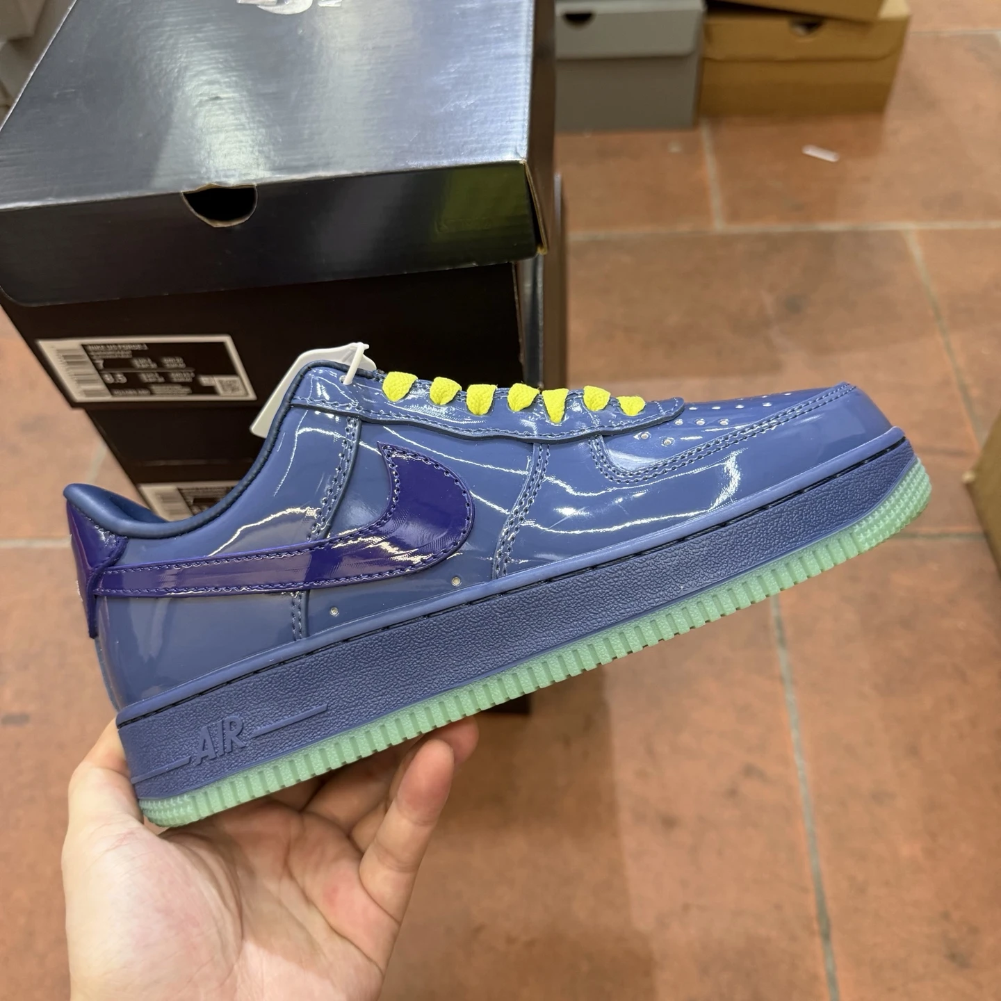 Nike Air Force 1 Low Premium Sneakers – Glossy Navy Blue/Neon Yellow