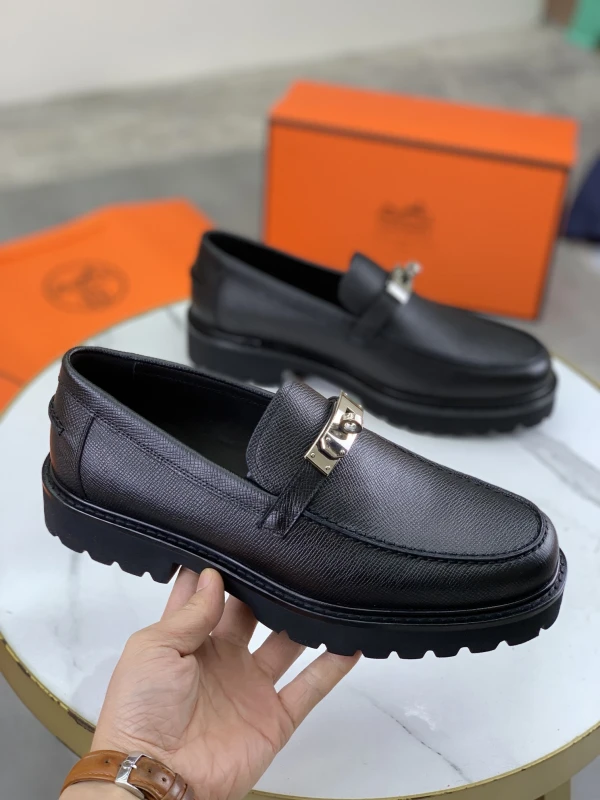 Jet Black Hermès Men's Crosshatch Textured Leather Lug-Sole Silver Lock Buckle Loafers
