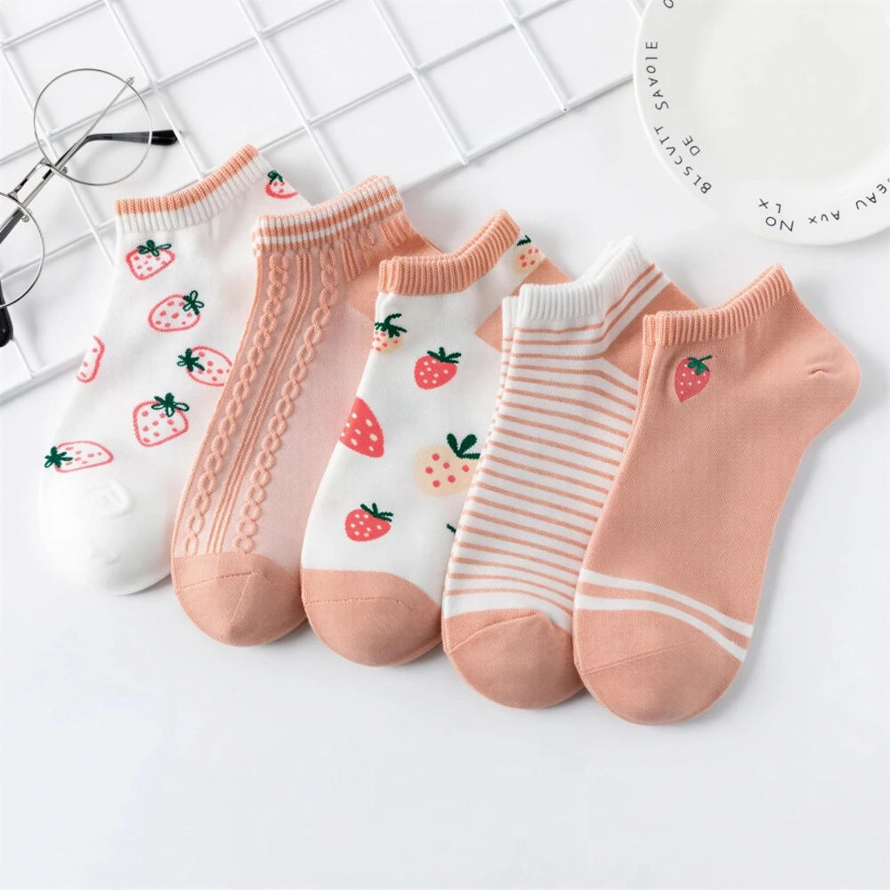 5 Pairs Fashionable Cotton Strawberry Low Cut Ankle Socks for Women & Girls