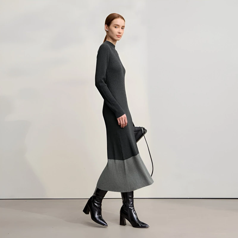Women’s Winter Slim Knit A-Line Midi Dress with Semi-Turtleneck