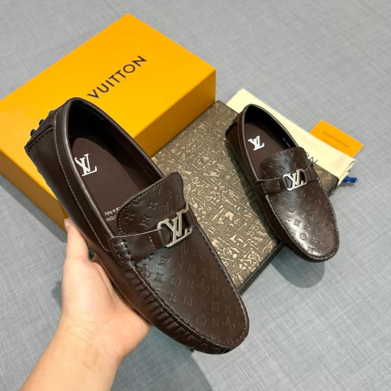 Monogram Embossed Dark Brown Louis Vuitton Men's Leather LV Initial Buckle Loafers