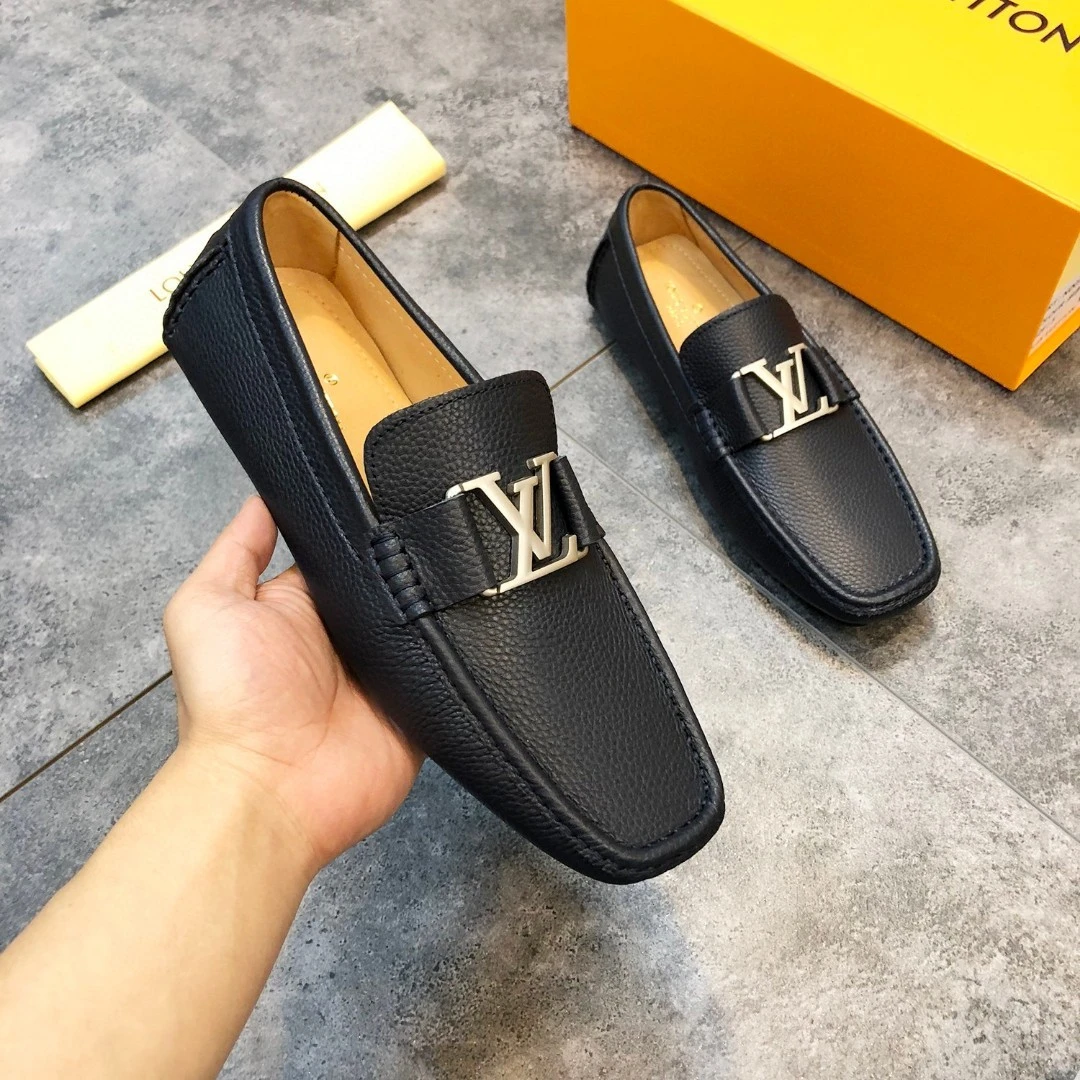 Textured Navy Blue Louis Vuitton Men's Grained Leather LV Initial Buckle Loafers