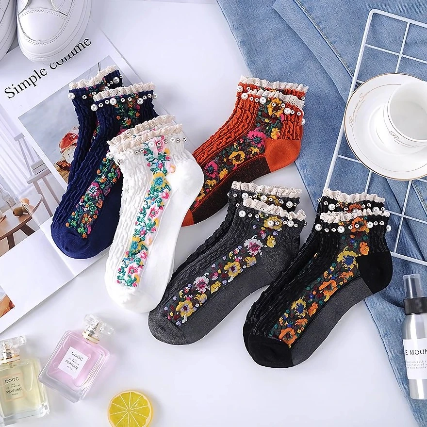 Chic Floral Pearl Ankle Socks - Retro Lolita Style with Cotton Twist