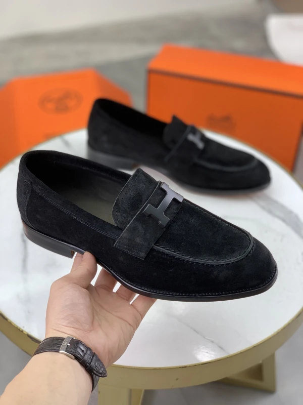 All-Black Hermès Men's Suede Leather Matte 'H' Buckle Loafers
