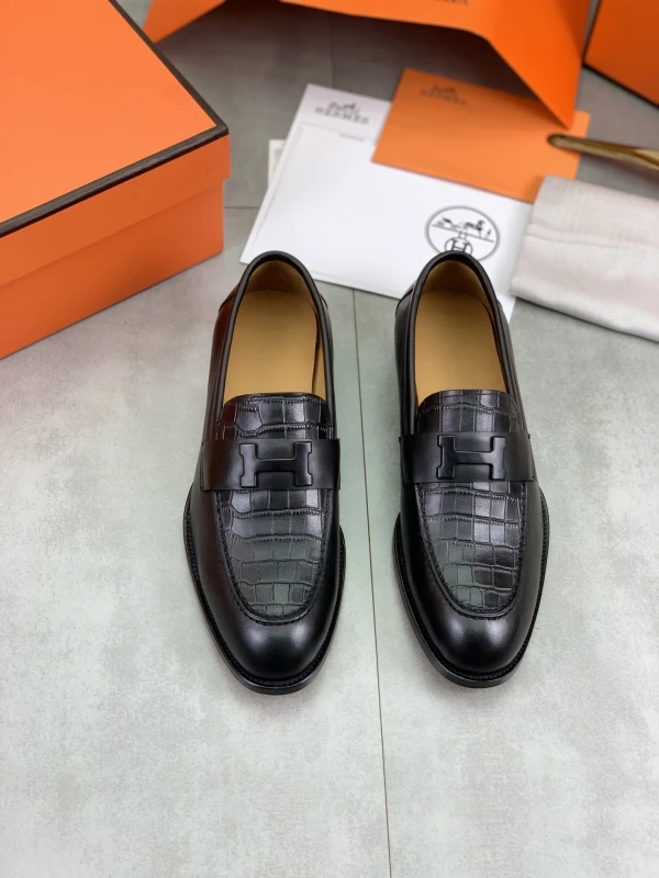 All-Black Hermès Men's Crocodile-Embossed Leather Matte 'H' Buckle Loafers