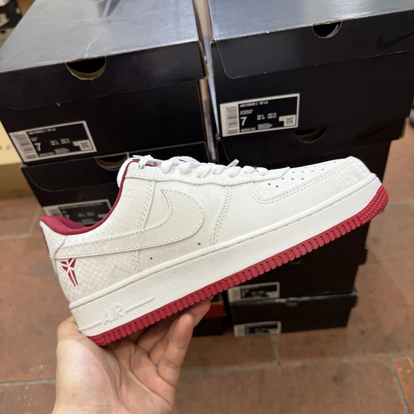 Nike Air Force 1 Low Mamba Edition Sneakers – White, Silver & Burgundy Snakeskin