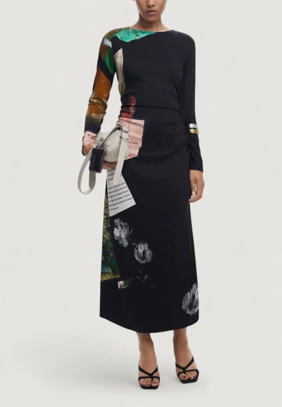 Desigual Women's Black Printed Dress - Long Sleeve, Round Neck - Winter Collection