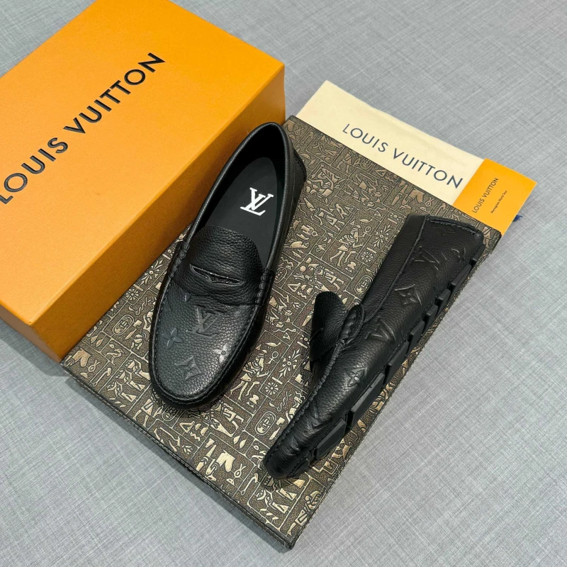 Monogram Embossed Black Louis Vuitton Men's Grained Leather Strap Loafers