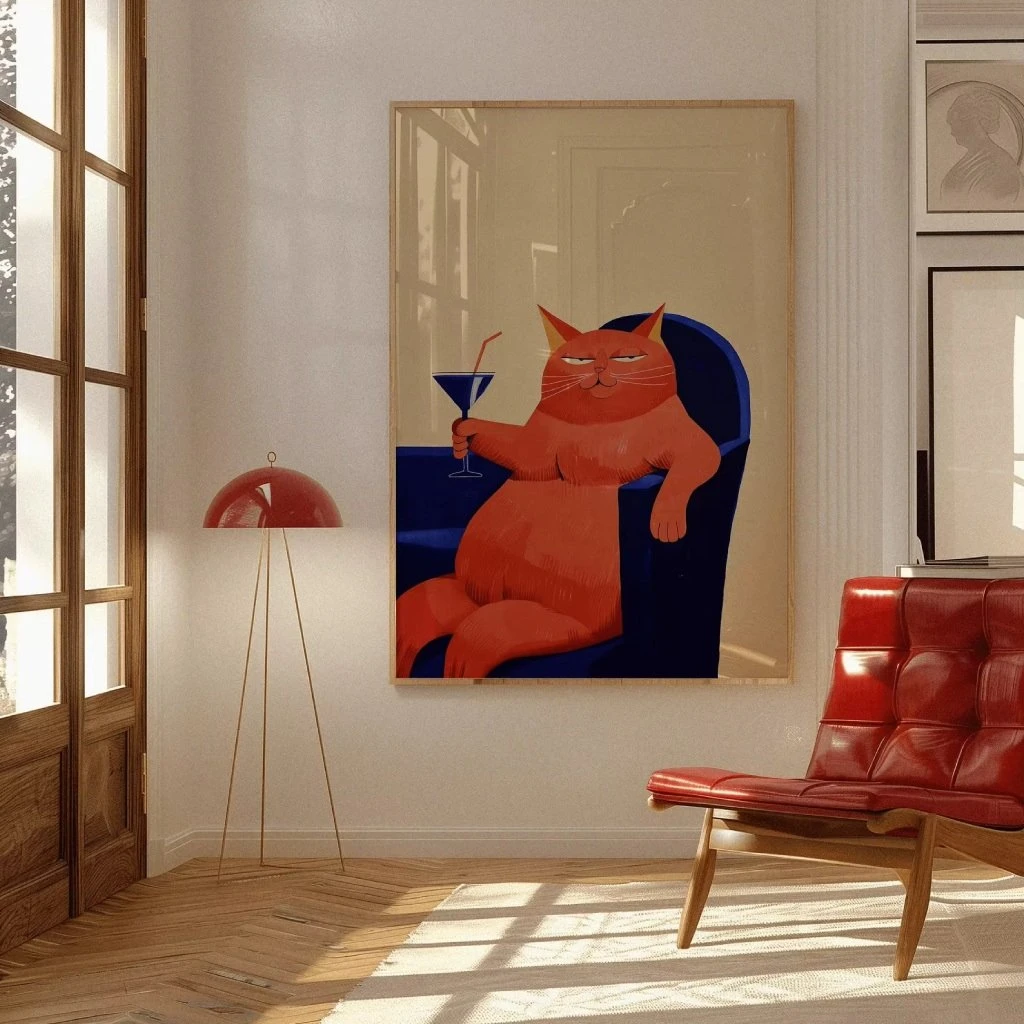 Retro Cat Wine Print Wall Art