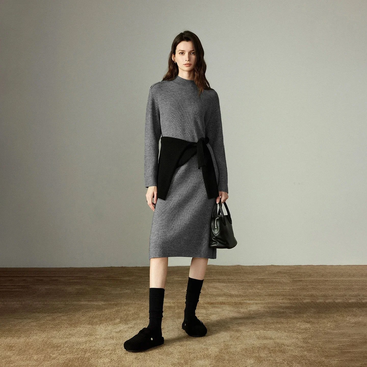 Winter Warm Knitted Dress with Half-High Collar