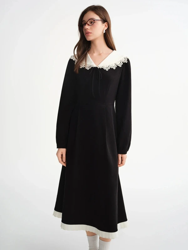 Plus Size Lace Applique Color-Blocked Turnover Collar Dress