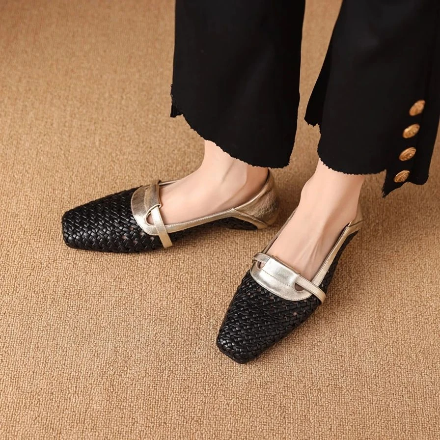 Square Toe Low Heel Woven Fabric Pumps for Women
