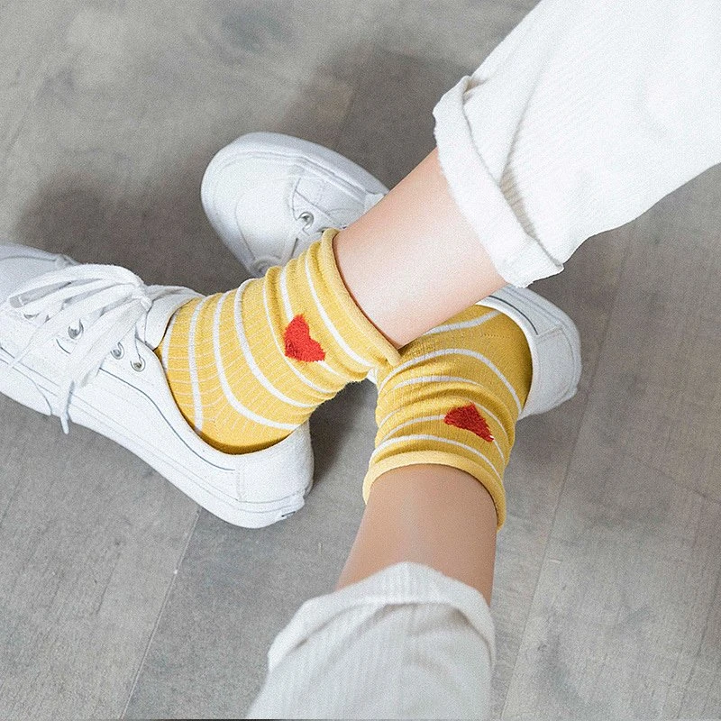 Striped Love Heart Cotton Women Socks - Soft & Cozy Socks