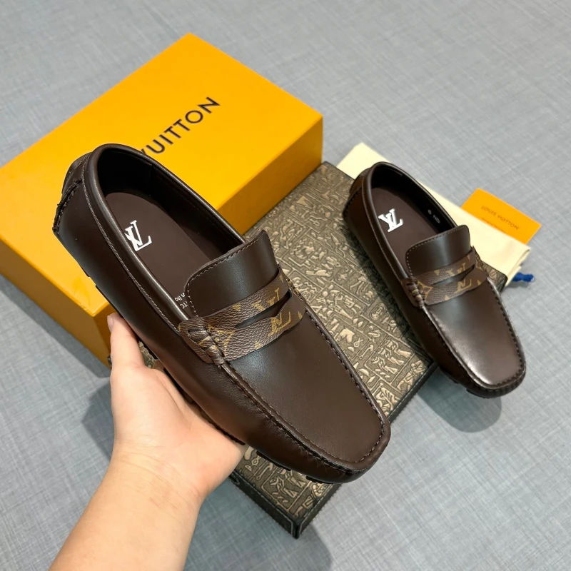 Smooth Dark Brown & Monogram Canvas Louis Vuitton Men's Leather Strap Loafers