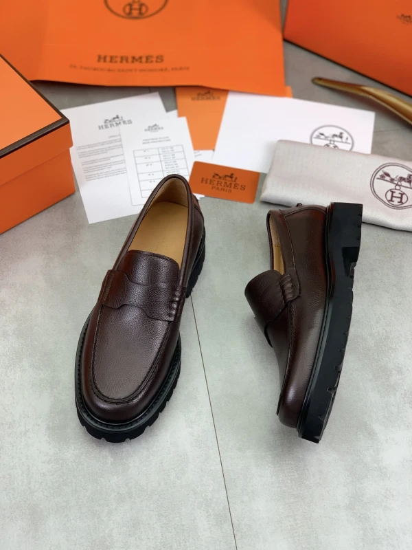 Deep Brown Hermès Men's Grained Leather Lug-Sole Penny Loafers
