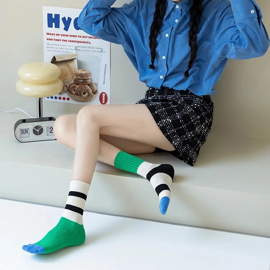 Cotton Knitted Women's Striped High Socks - Casual Korean Retro Streetwear