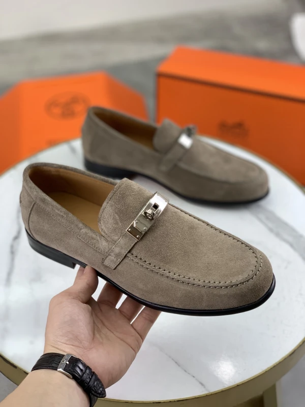 Taupe Brown Hermès Men's Suede Leather Lock Buckle Loafers