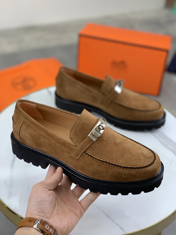 Chestnut Tan Hermès Men's Suede Lug-Sole Silver Lock Buckle Loafers