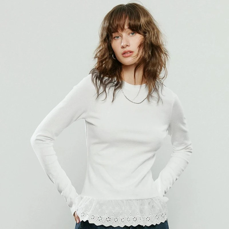 Winter Cashmere-like Crew-neck Slim Lace T-shirt for Women